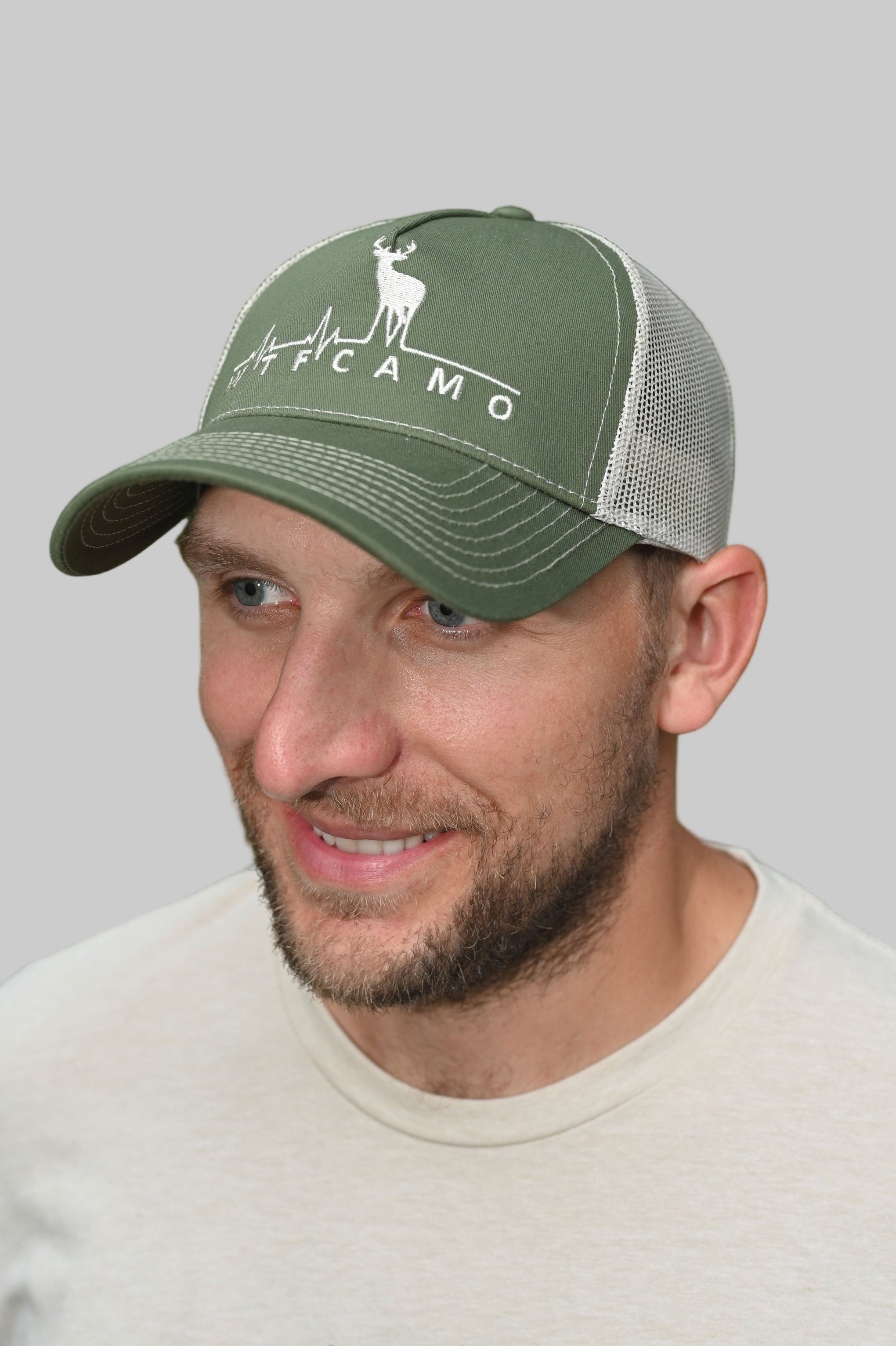 WTFCAMO® Embroidered Flatline Deer Green Cap - Plastic Mesh - WhiteTail Forensics
